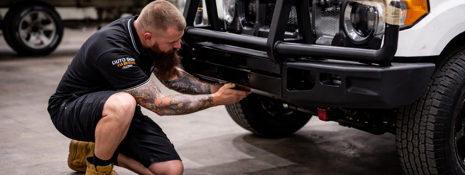 mechanic installing a bullbar