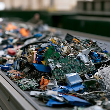 Electronic waste piled on conveyor belt for recycling in Australia.