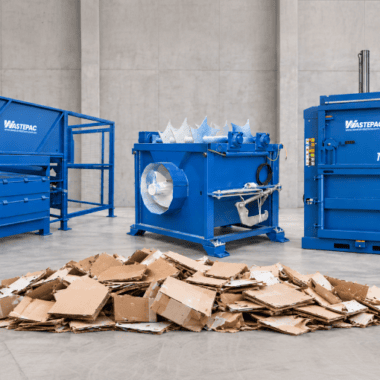 Cardboard baler and compactor machines for waste management in warehouses.