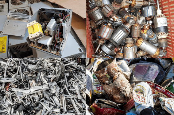 Recycling machinery and scrap metal for waste processing.