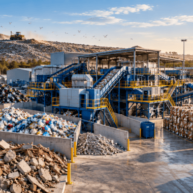 Large waste processing plant with conveyor belts and sorted recyclables in Australia.