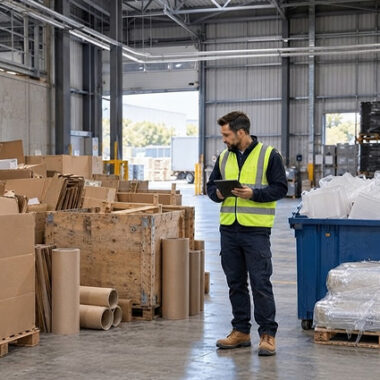 Man inspecting waste operation with clipboard in industrial warehouse.