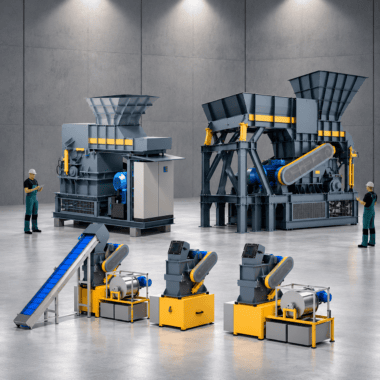 Large industrial waste processing machines in a factory setting.