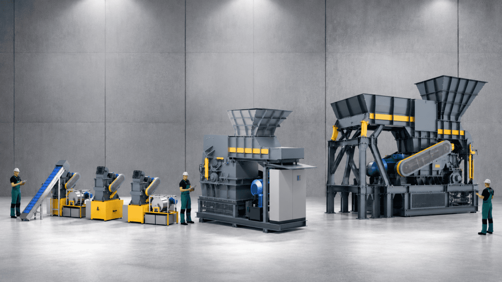 Large industrial waste processing machinery with operators in a factory setting.